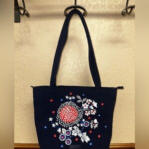 Vera Bradley Iconic Small Vera Tote Classic Navy Bag W/Red White & Blossoms NWOT